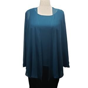 Elegant Blue-Green 2-Piece Women's Top Set – Size 14, Sheer Cardigan & Tank